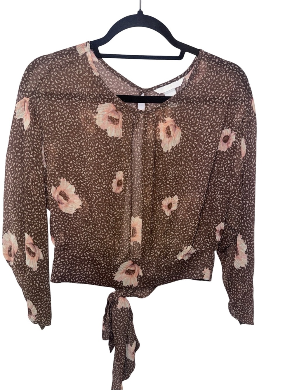 H&M Brown Blouse with Pink Floral Print and Front Tie